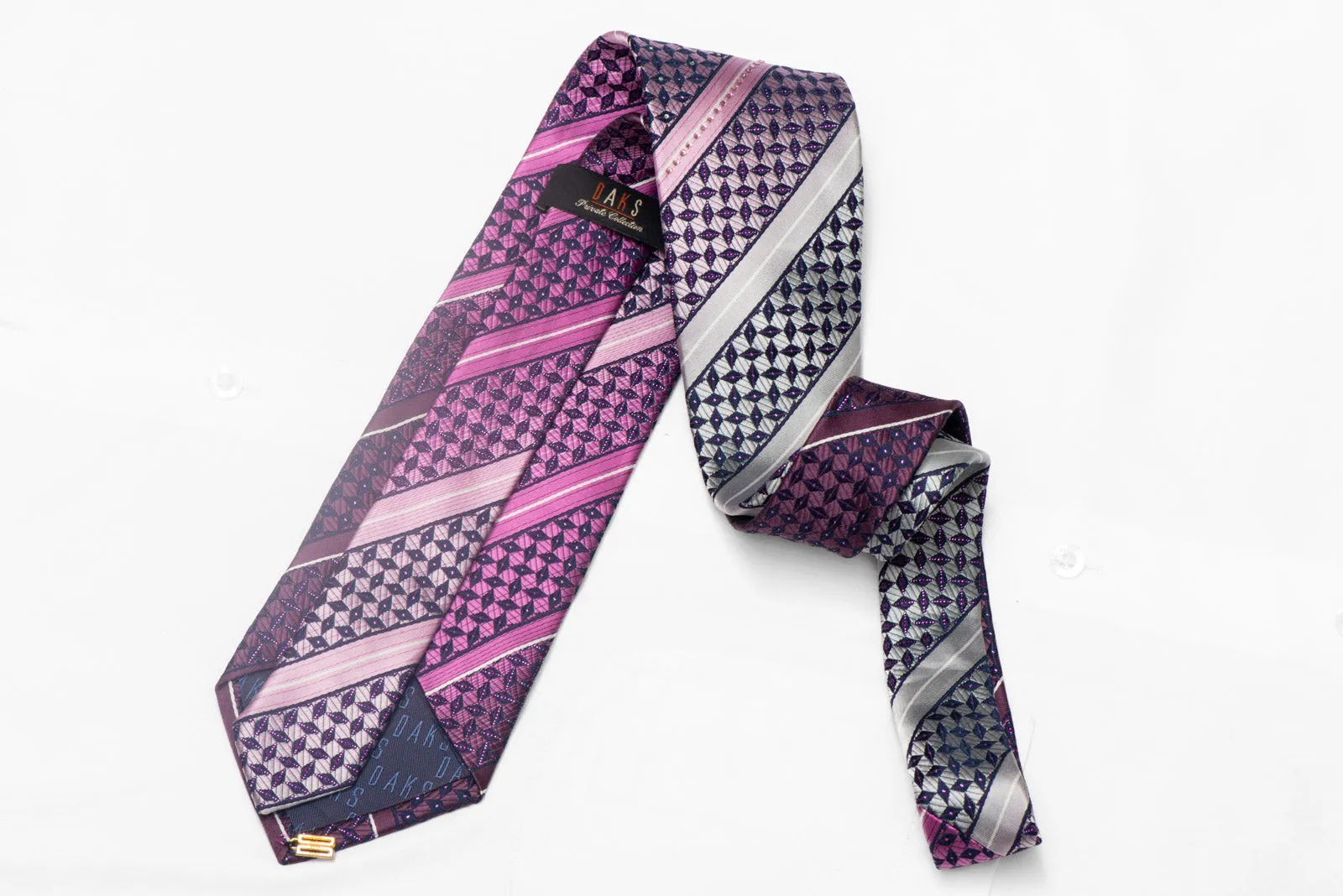 Silver Purple Striped On Navy Rhinestone Silk Tie With Sparkles