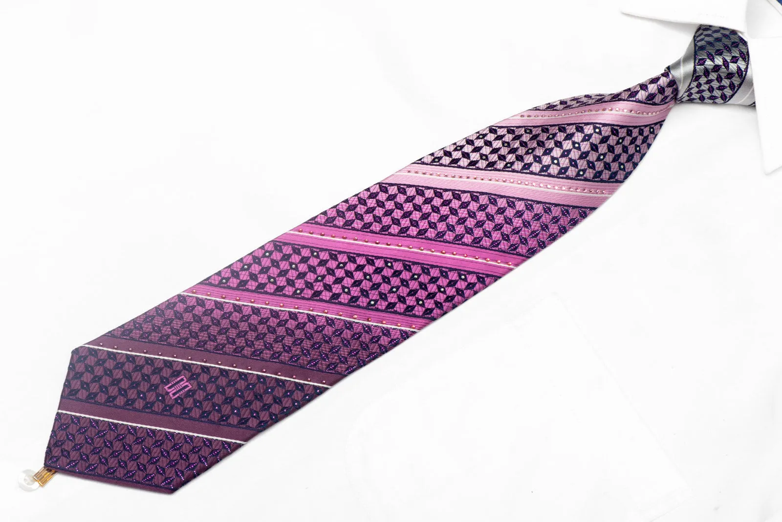 Silver Purple Striped On Navy Rhinestone Silk Tie With Sparkles
