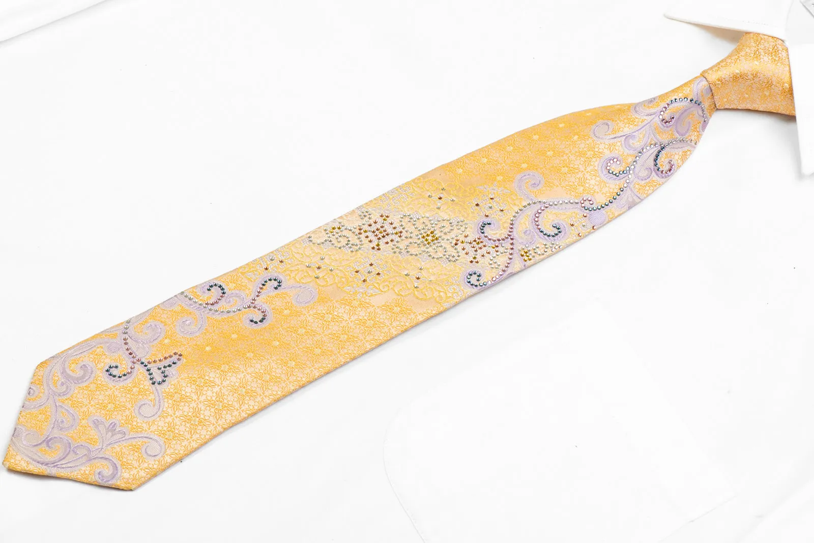 Silver Scrolls & Floral On Yellow Rhinestone Tie