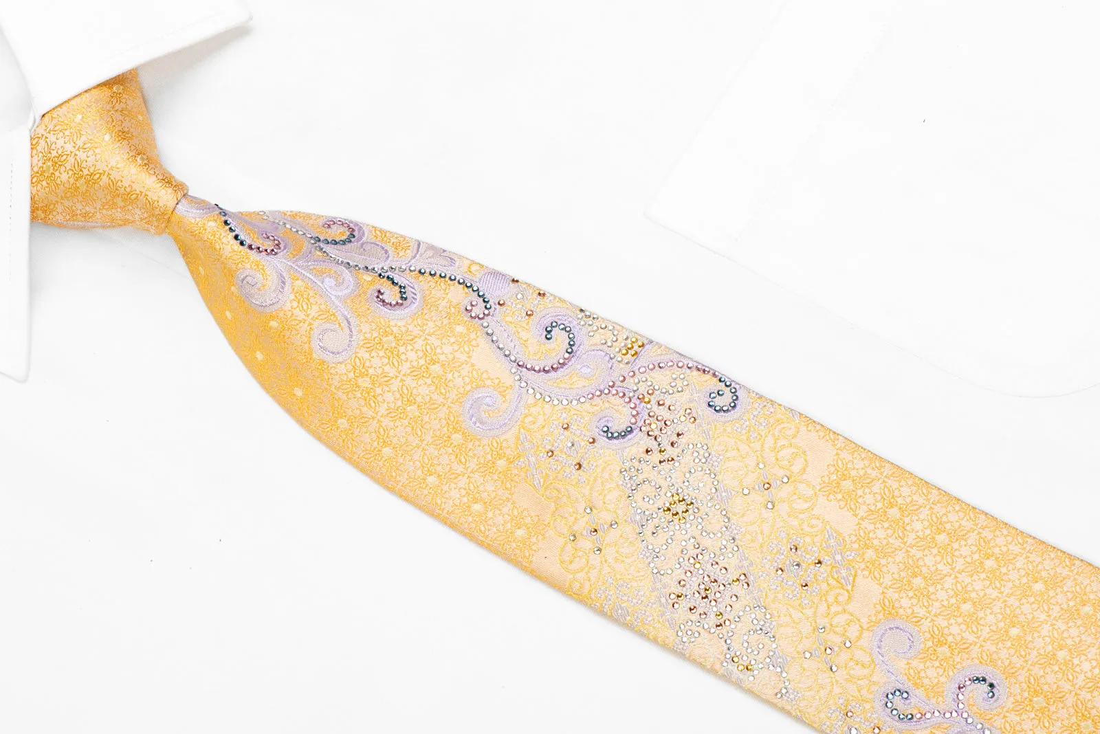 Silver Scrolls & Floral On Yellow Rhinestone Tie