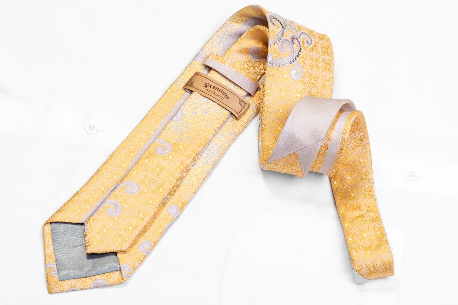 Silver Scrolls & Floral On Yellow Rhinestone Tie
