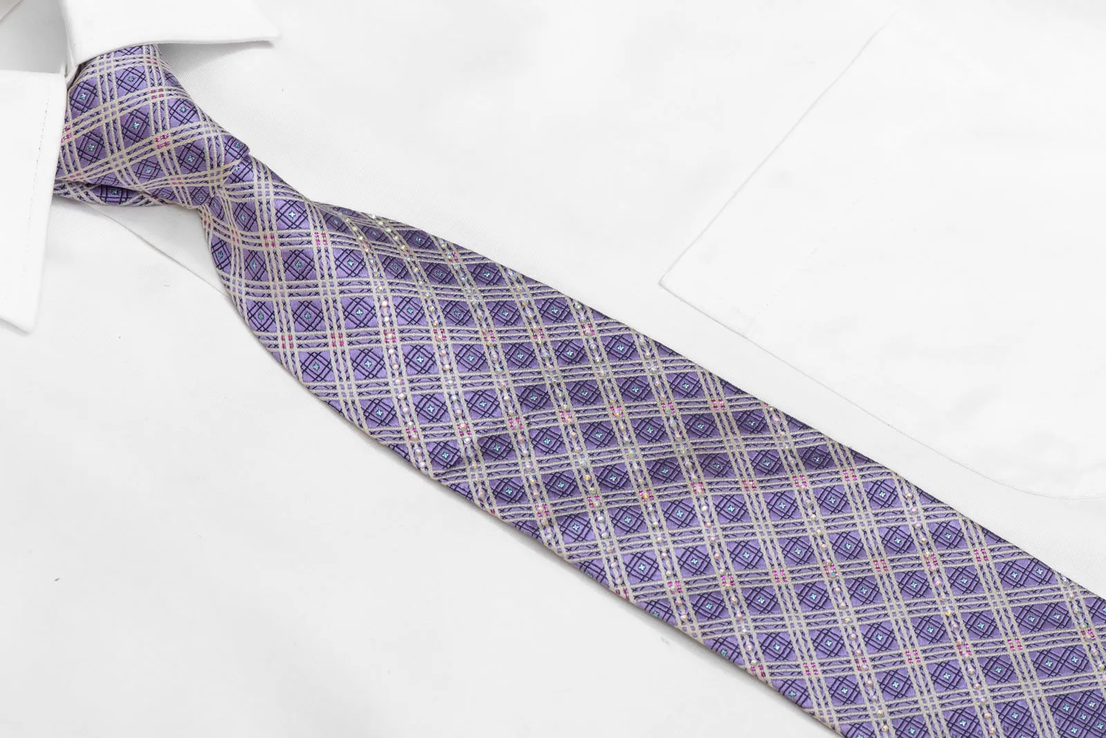 Silver Striped On Mauve Rhinestone Silk Necktie With Blue Sparkles