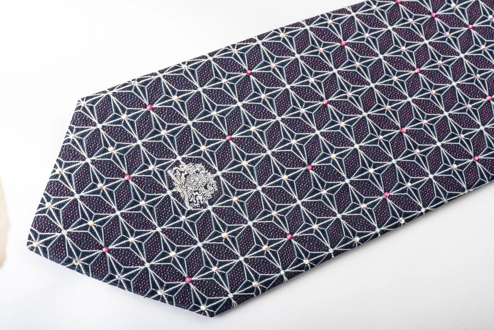 Silver Trellis On Navy Rhinestone Silk Necktie With Purple Sparkles