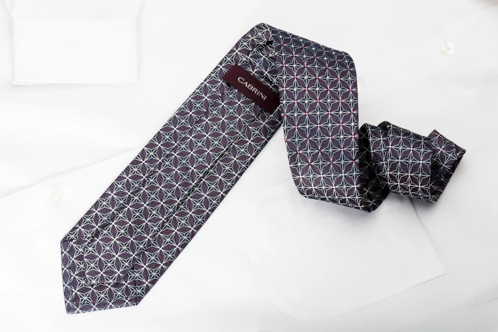 Silver Trellis On Navy Rhinestone Silk Necktie With Purple Sparkles