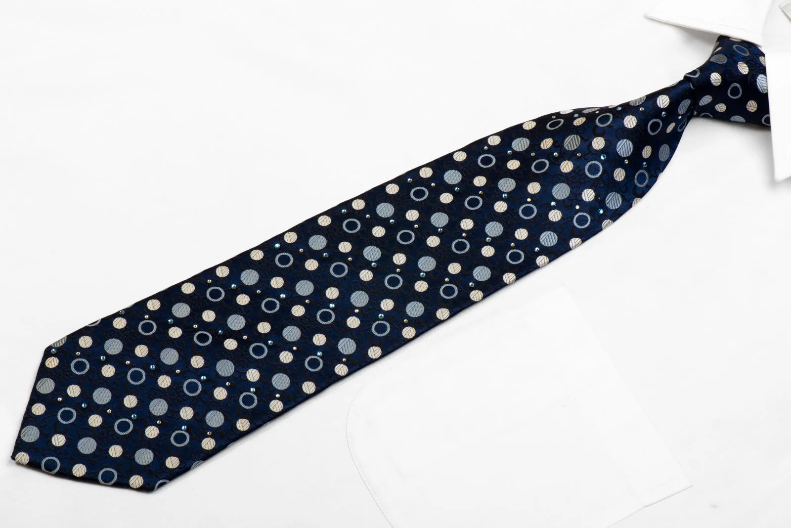 Smalto Rhinestone Silk Necktie Dots On Black Navy