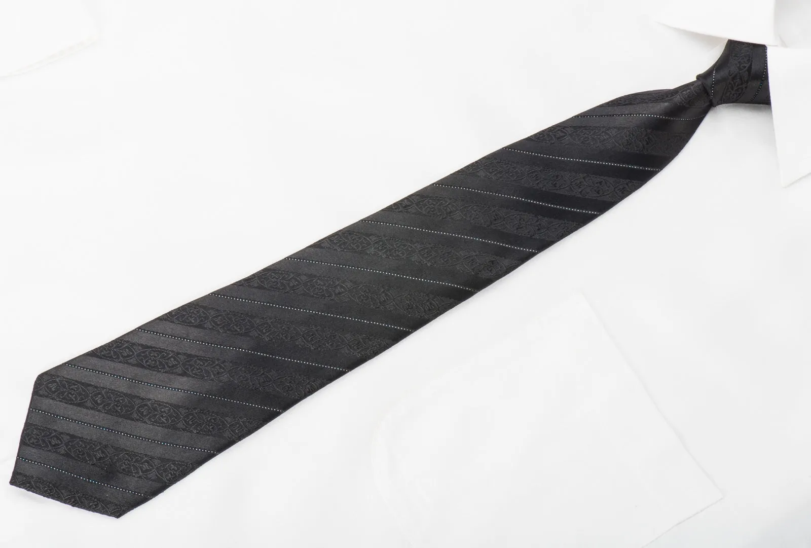 STCO Men's Black Silk Skinny Tie With Silver Stripes