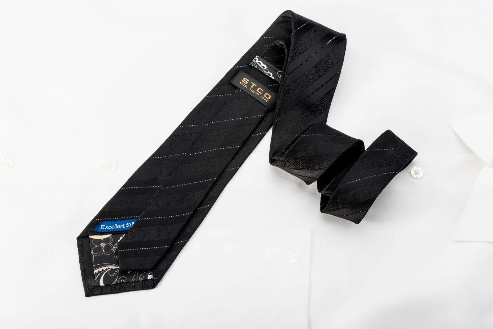 STCO Men's Black Silk Skinny Tie With Silver Stripes
