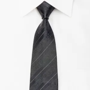 STCO Men's Black Silk Skinny Tie With Silver Stripes