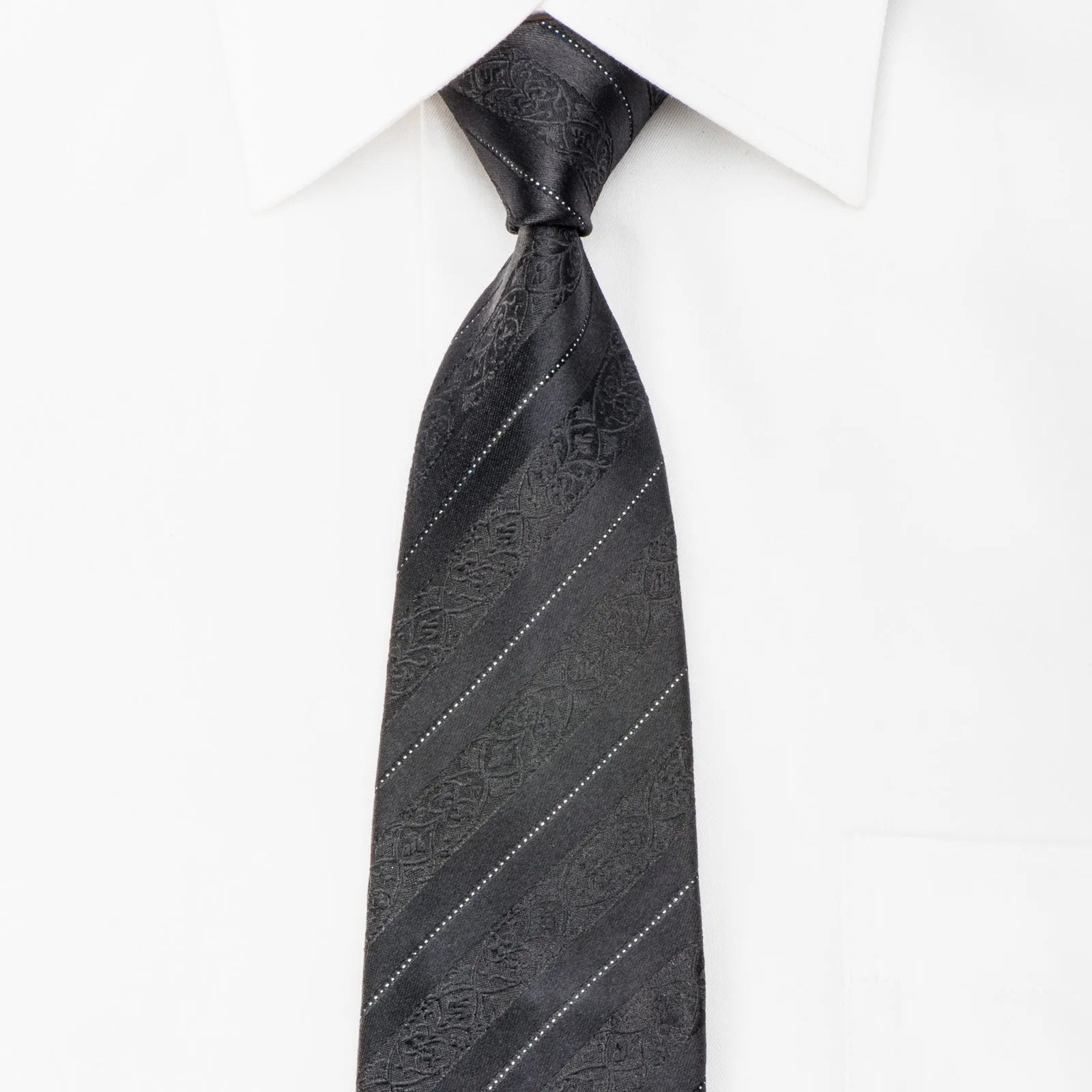 STCO Men's Black Silk Skinny Tie With Silver Stripes