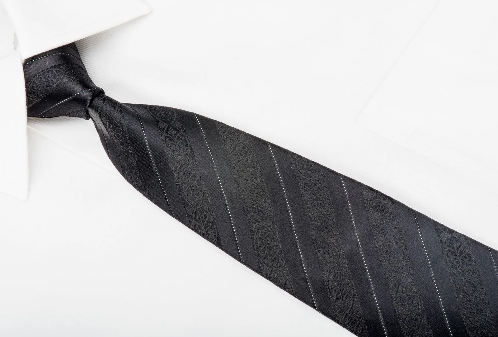STCO Men's Black Silk Skinny Tie With Silver Stripes