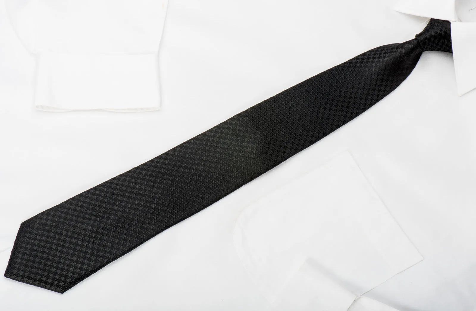STCO Men's Solid Black Silk Skinny Necktie Jacquard Woven Hounds Tooth