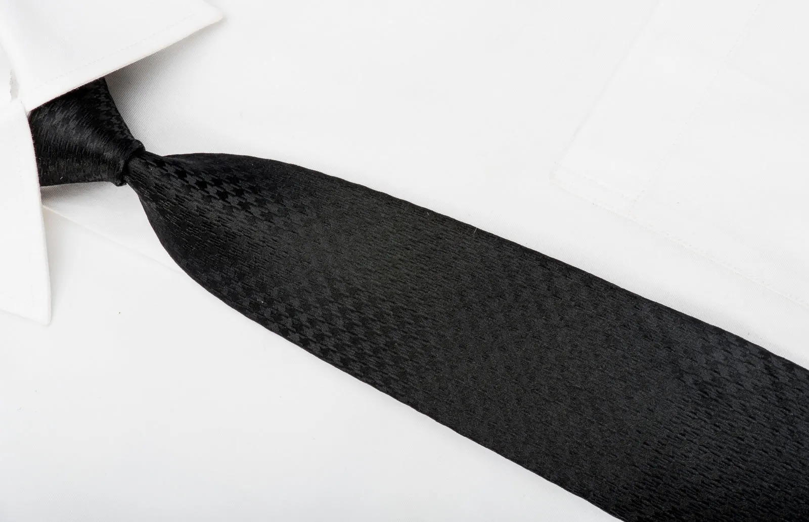 STCO Men's Solid Black Silk Skinny Necktie Jacquard Woven Hounds Tooth