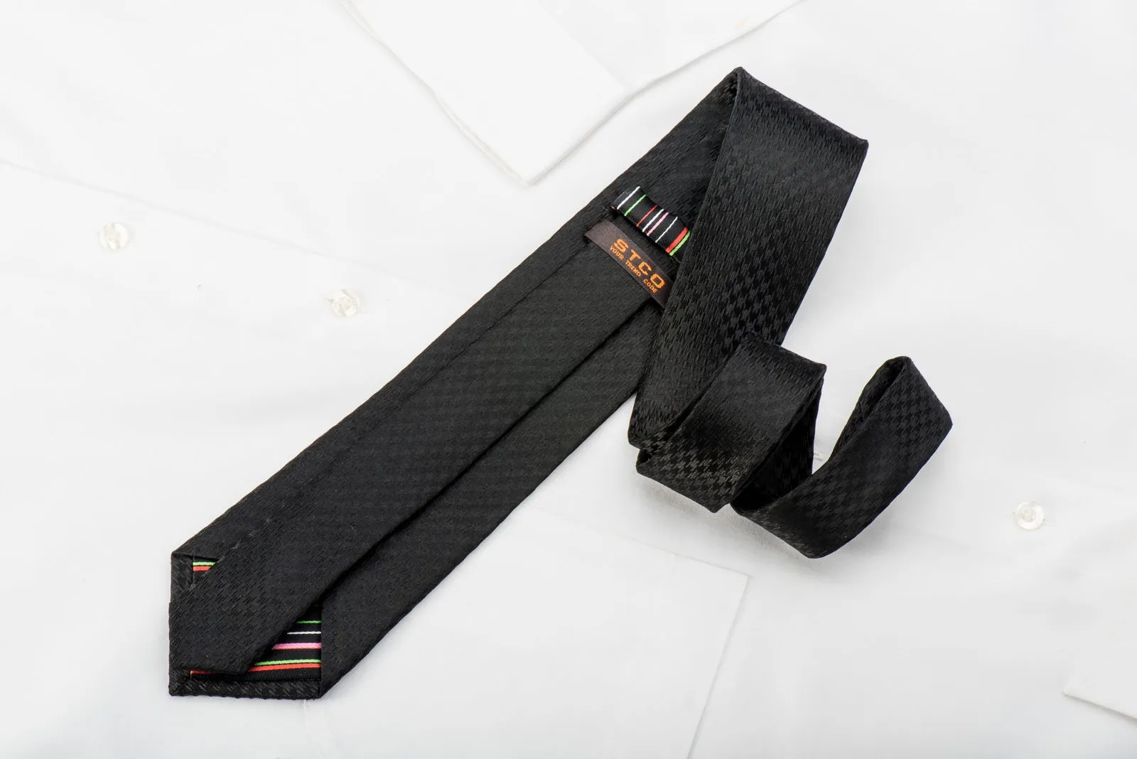 STCO Men's Solid Black Silk Skinny Necktie Jacquard Woven Hounds Tooth