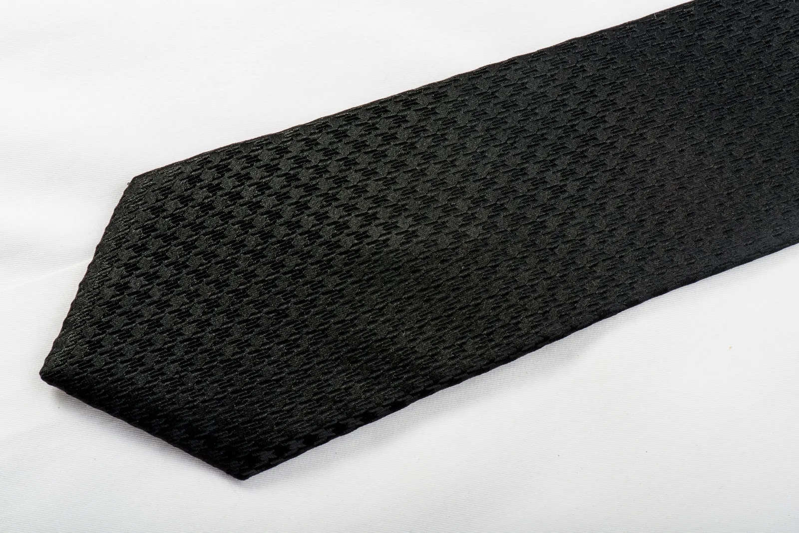 STCO Men's Solid Black Silk Skinny Necktie Jacquard Woven Hounds Tooth