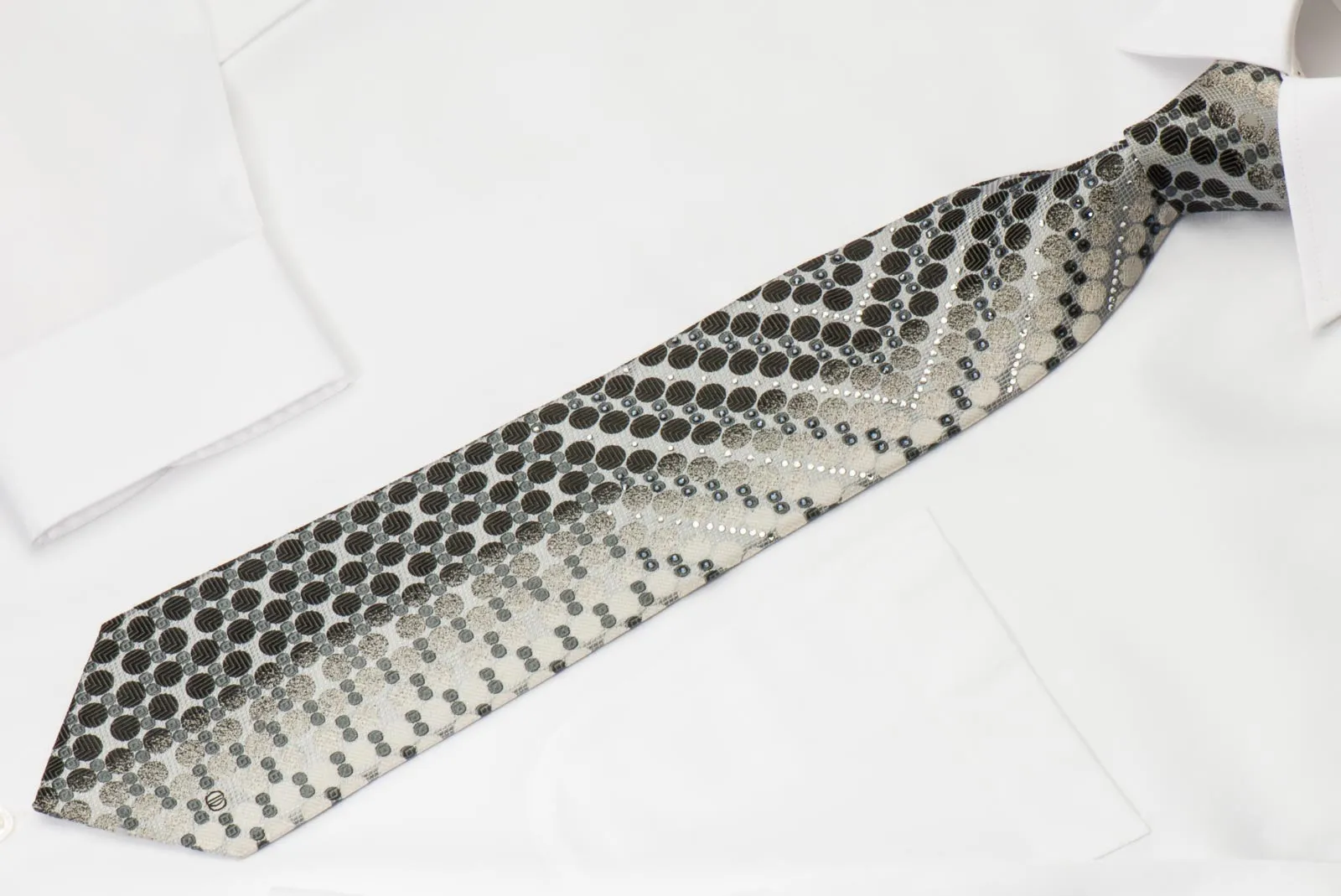 Tandy Rhinestone Tie Black Geometric Dots On Silver Silk With Micro Silver Sparkles