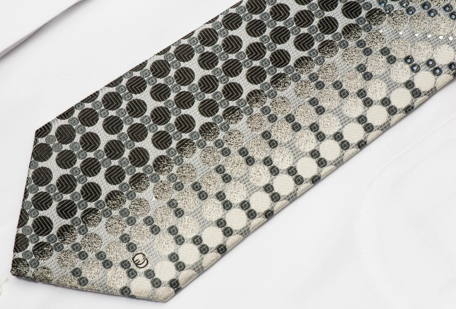 Tandy Rhinestone Tie Black Geometric Dots On Silver Silk With Micro Silver Sparkles