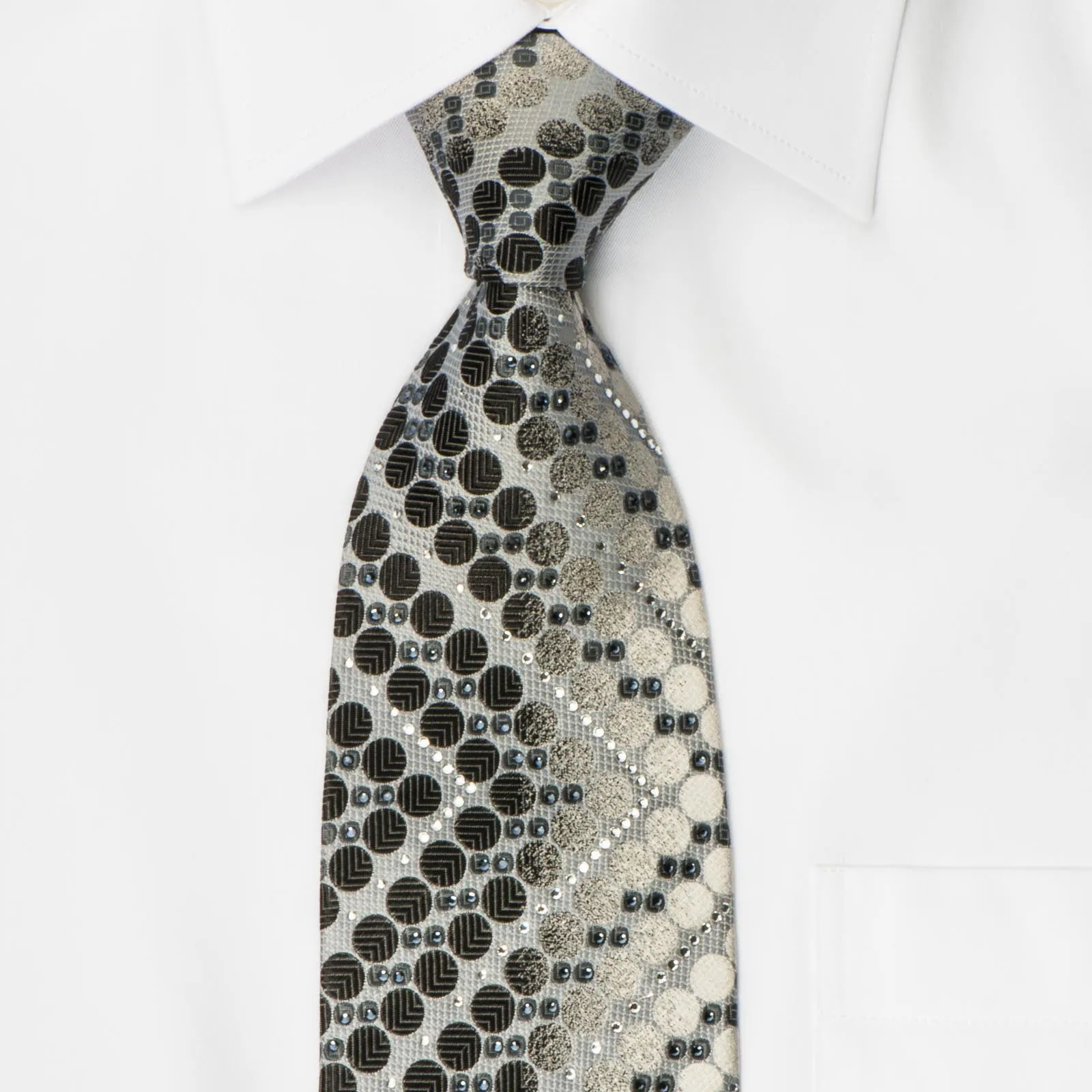 Tandy Rhinestone Tie Black Geometric Dots On Silver Silk With Micro Silver Sparkles