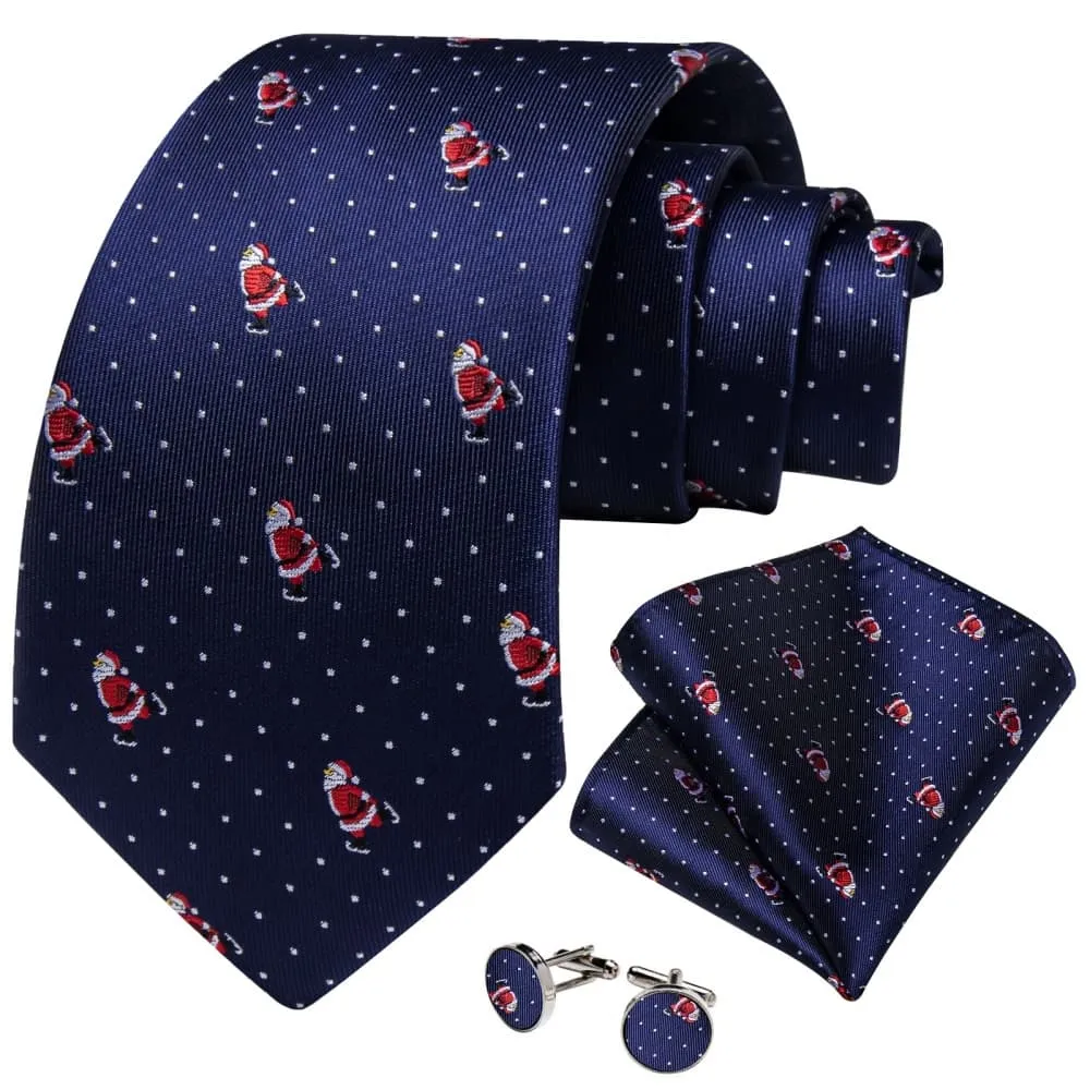 Ties2you Dark Blue Christmas Santa Claus Polka Dot Necktie Pocket Square Cufflinks Set