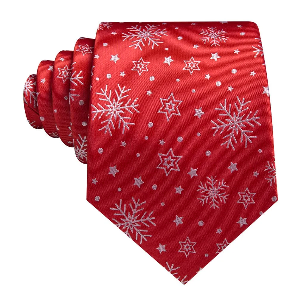 Ties2you Red White Christmas Star Snowflake Men's Tie Pocket Square Cufflinks Set