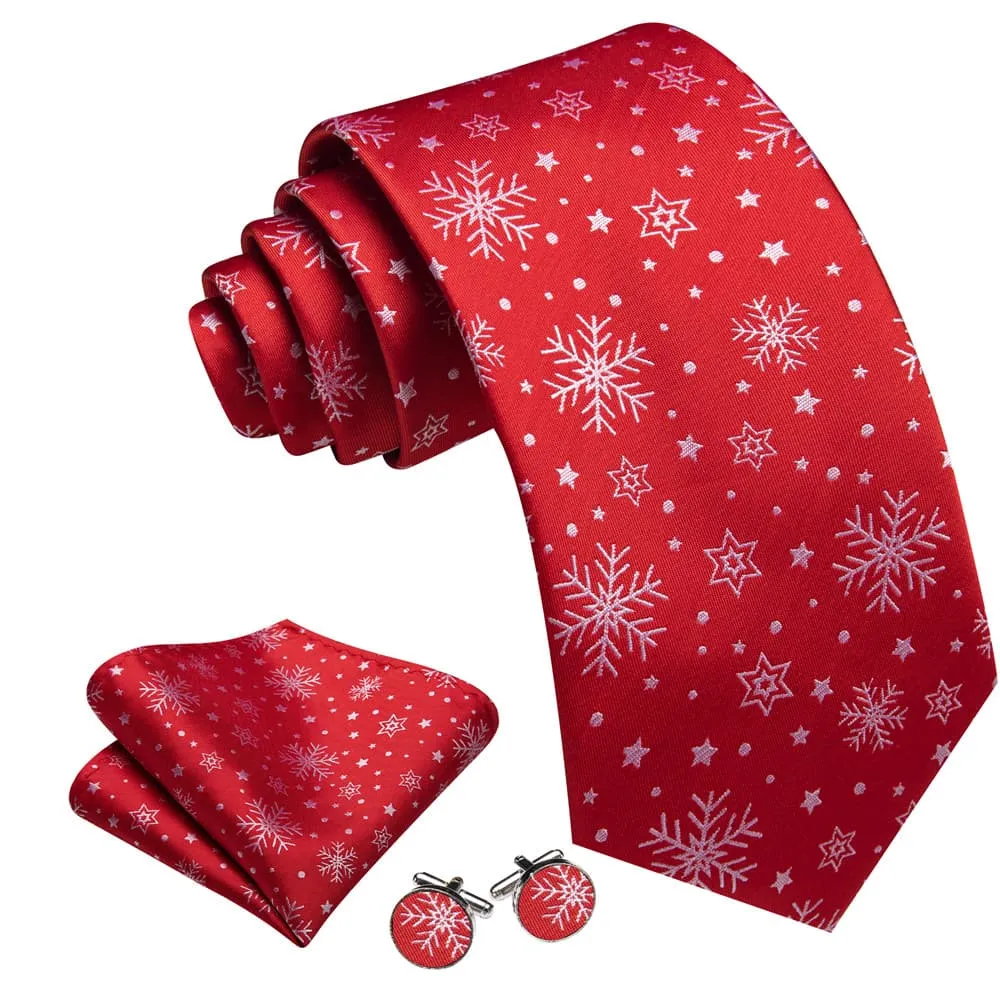 Ties2you Red White Christmas Star Snowflake Men's Tie Pocket Square Cufflinks Set
