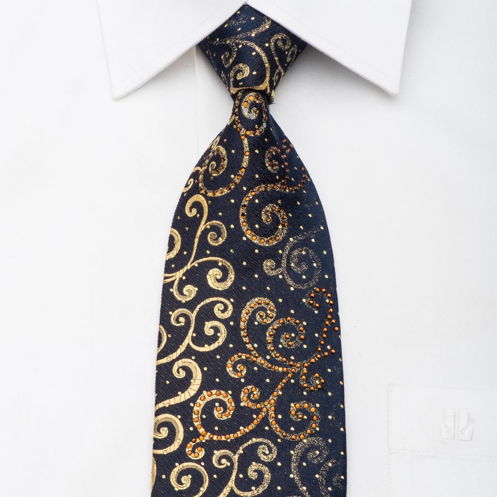Ungaro Mens Crystal Tie Golden Scrolls On Black Silk With Gold Sparkles
