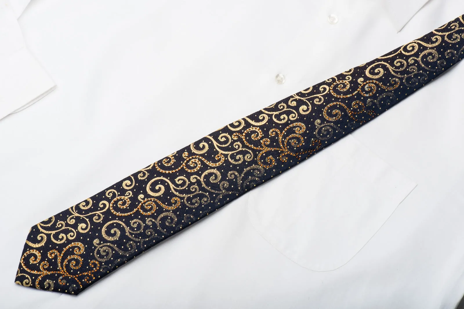 Ungaro Mens Crystal Tie Golden Scrolls On Black Silk With Gold Sparkles