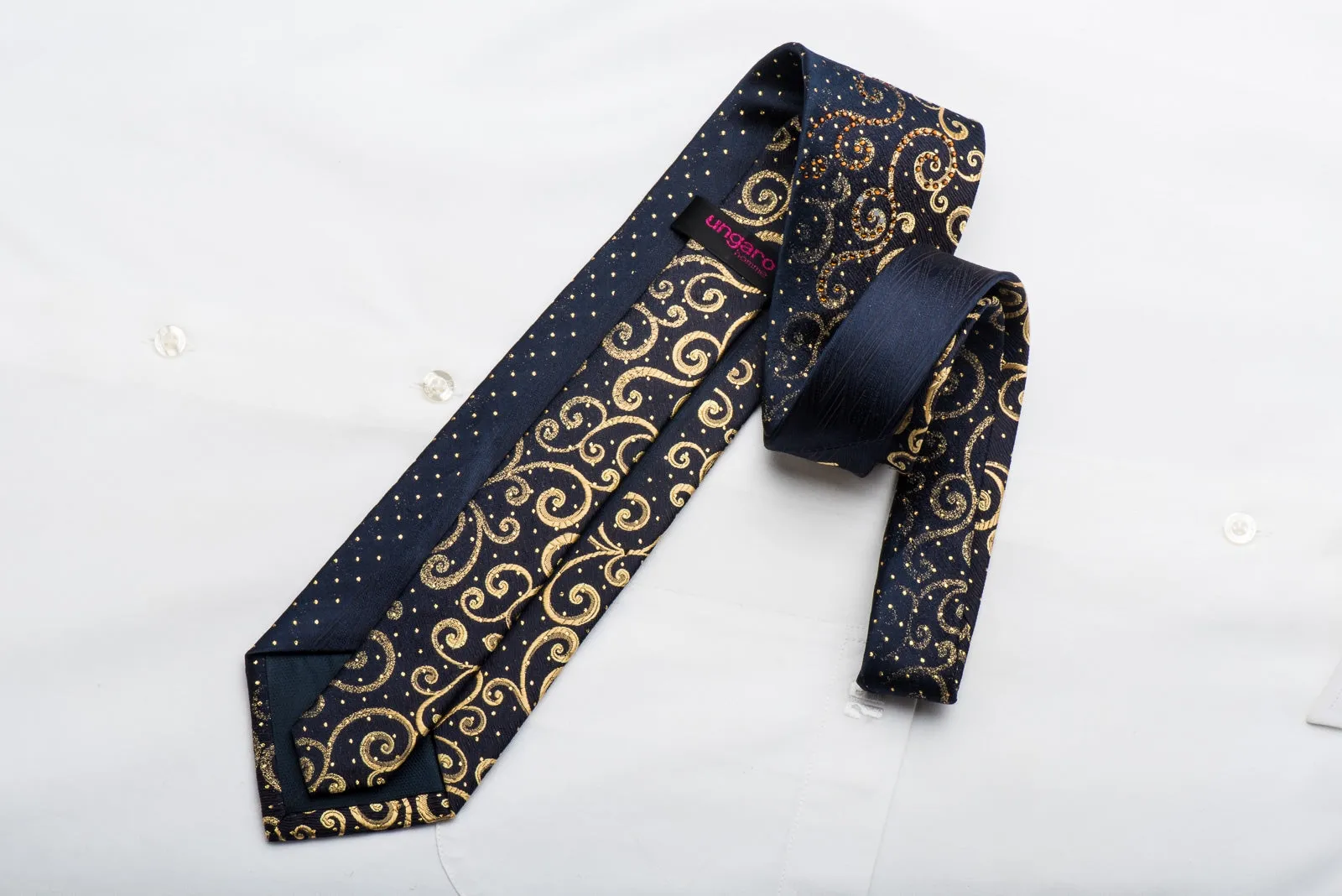 Ungaro Mens Crystal Tie Golden Scrolls On Black Silk With Gold Sparkles