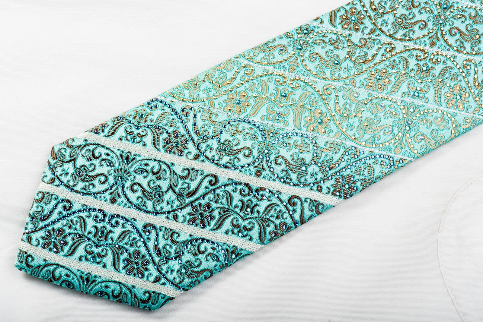 Ungaro Mens Rhinestone Silk Necktie Golden Cartouche On Light Blue With Silver Sparkles