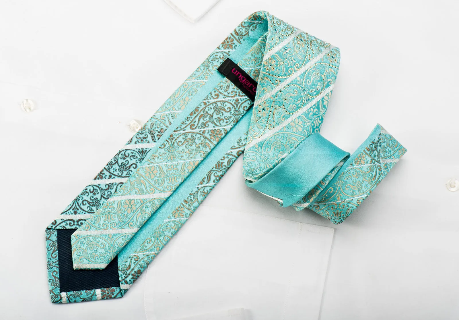 Ungaro Mens Rhinestone Silk Necktie Golden Cartouche On Light Blue With Silver Sparkles