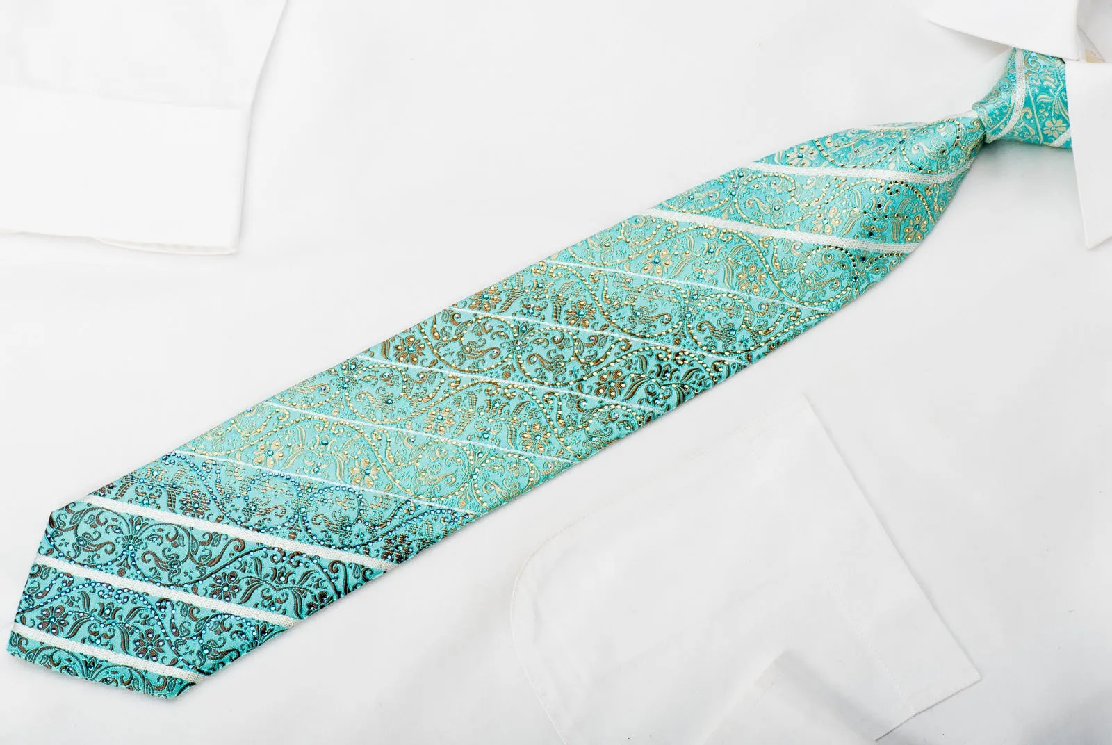 Ungaro Mens Rhinestone Silk Necktie Golden Cartouche On Light Blue With Silver Sparkles