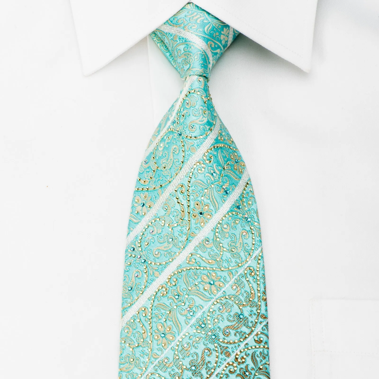Ungaro Mens Rhinestone Silk Necktie Golden Cartouche On Light Blue With Silver Sparkles