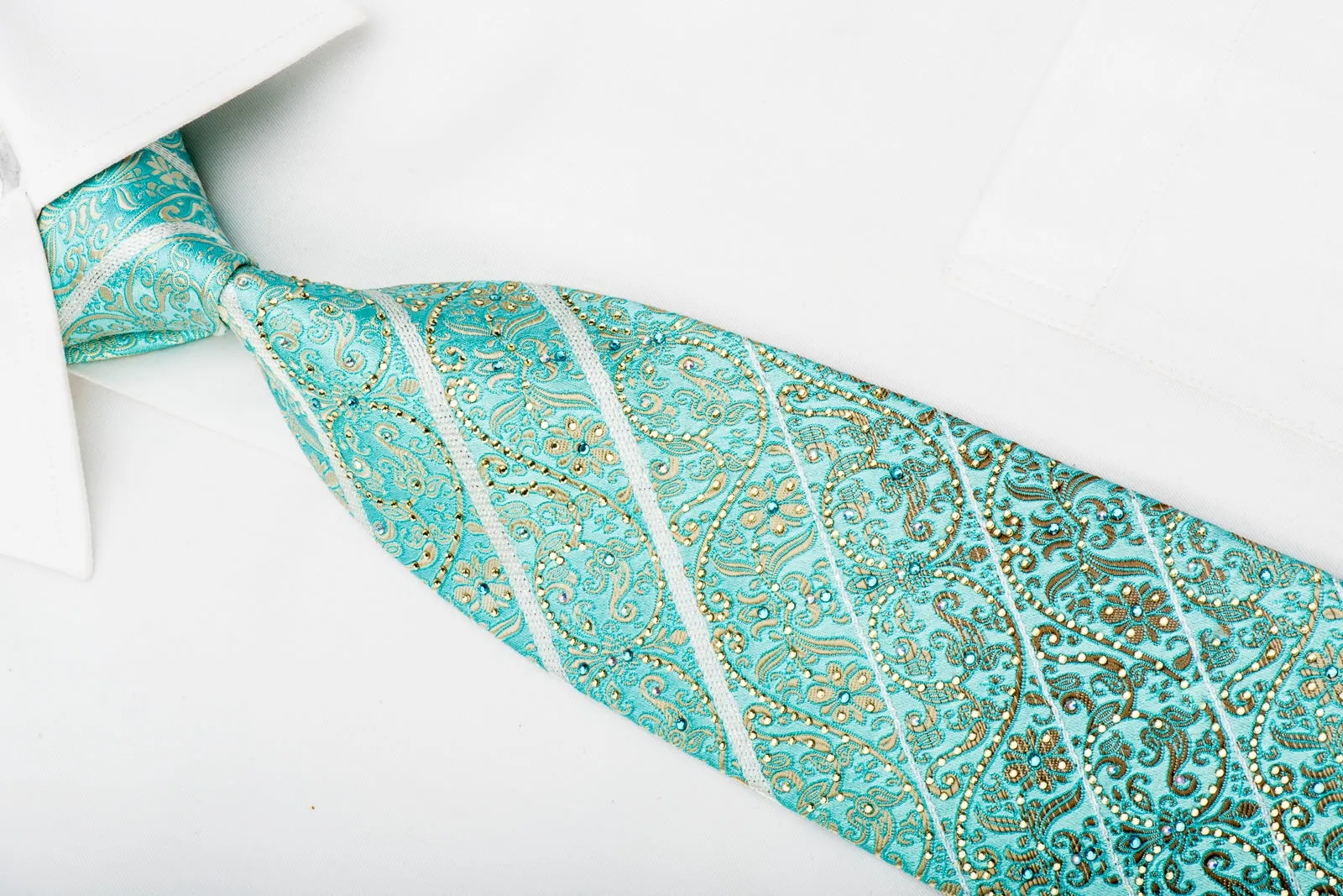 Ungaro Mens Rhinestone Silk Necktie Golden Cartouche On Light Blue With Silver Sparkles