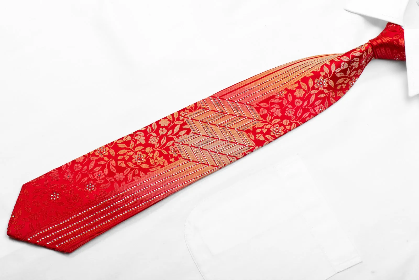 Ungaro Rhinestone Silk Tie Floral Chevron On Red With Sparkles