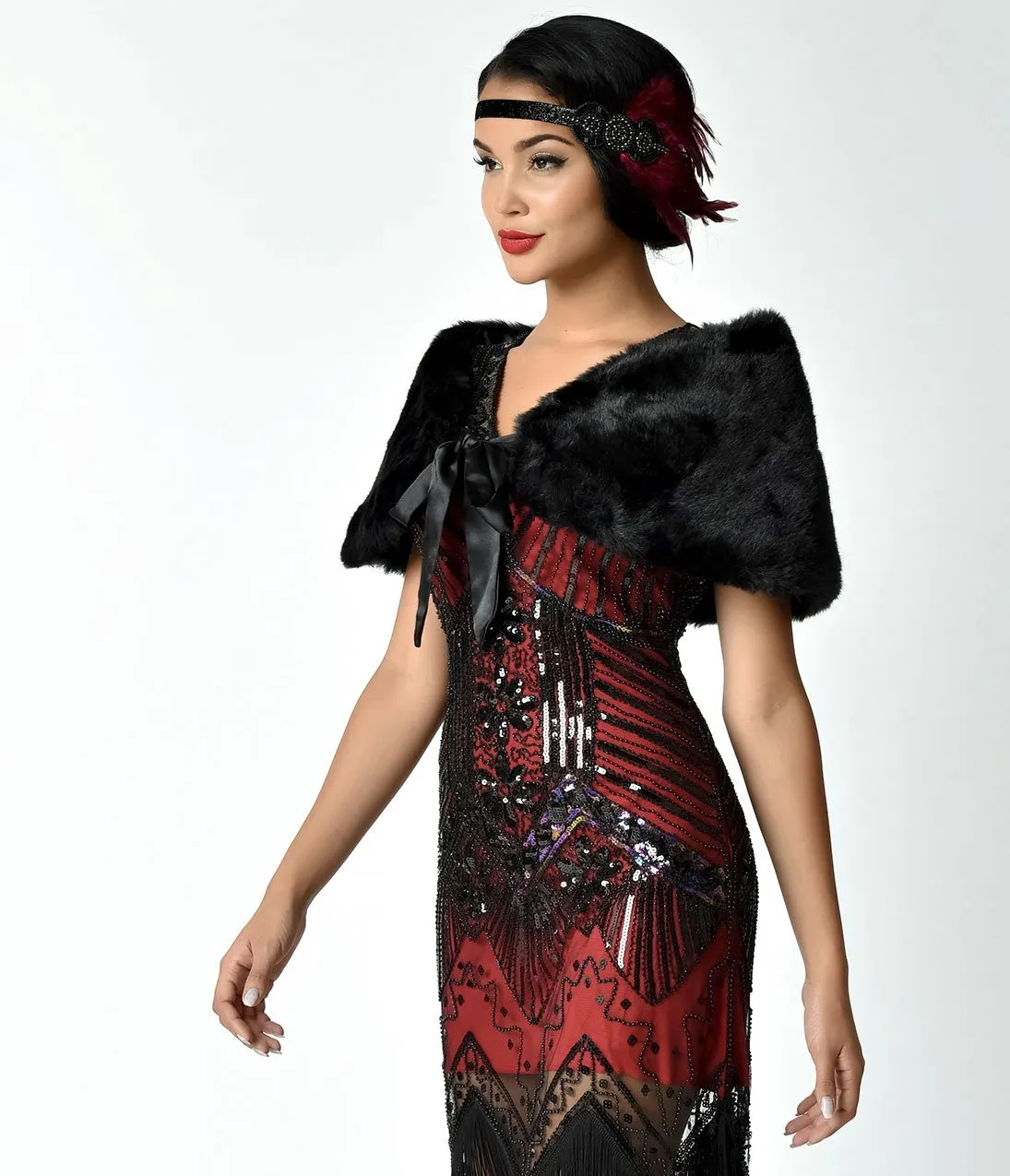 Unique Vintage Black Faux Fur Ribbon Tie Shrug