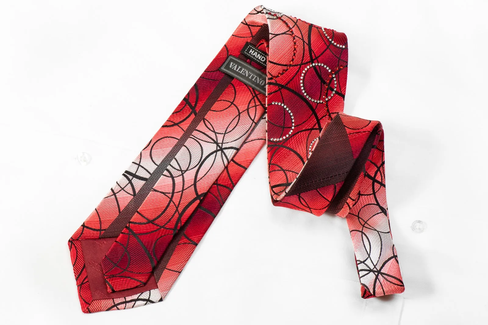 Valentino Rich Men's Crystal Rhinestone Necktie Black Geometric Circles On Red