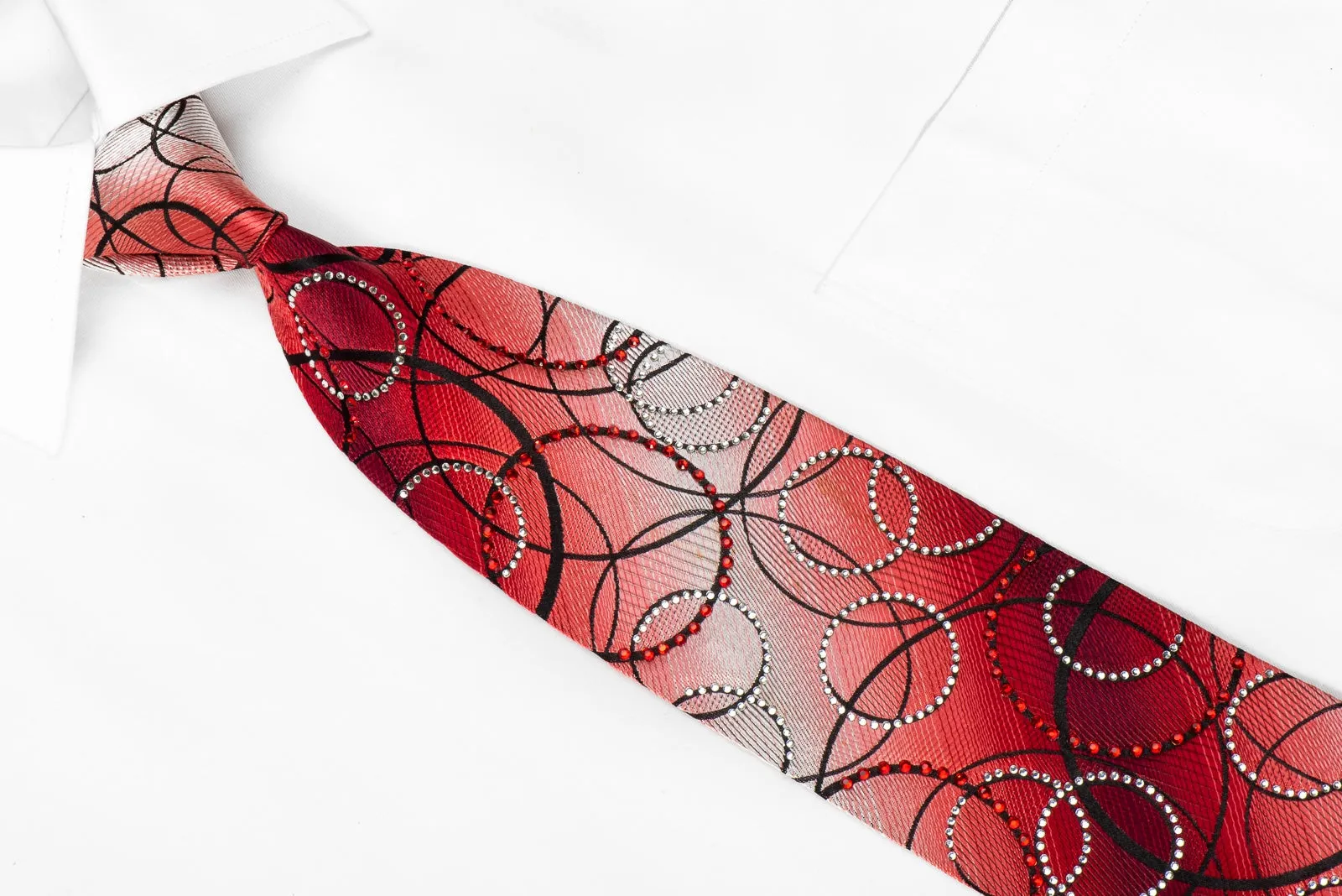 Valentino Rich Men's Crystal Rhinestone Necktie Black Geometric Circles On Red