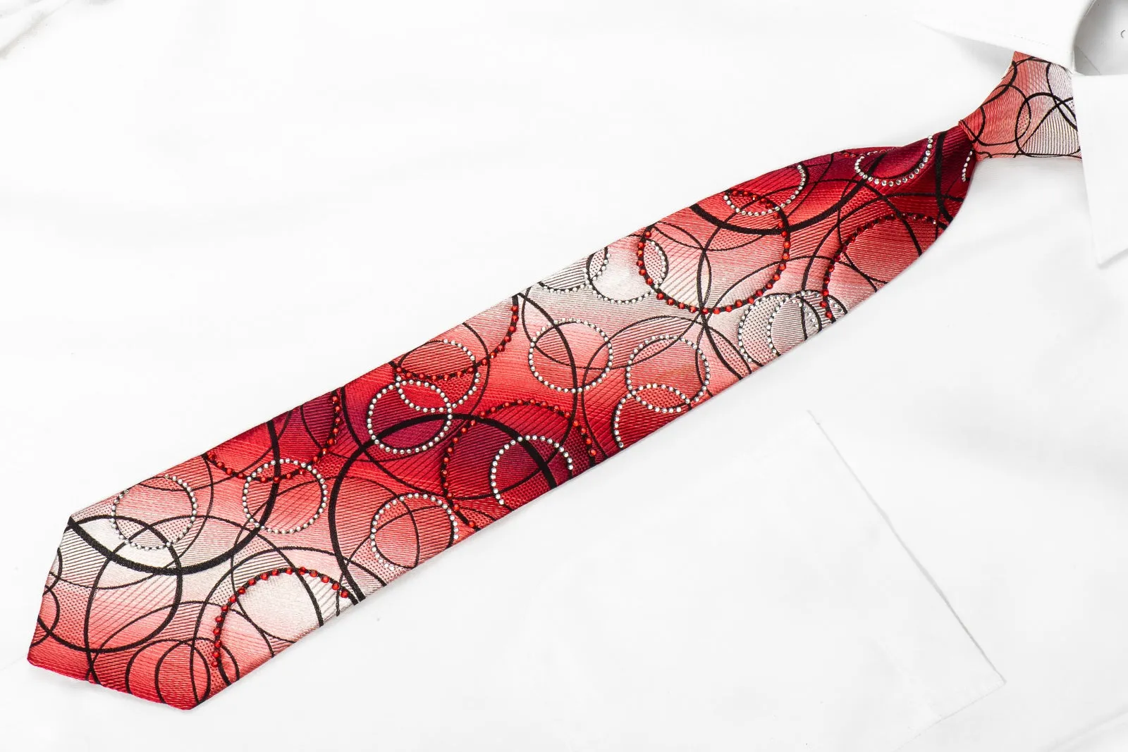 Valentino Rich Men's Crystal Rhinestone Necktie Black Geometric Circles On Red