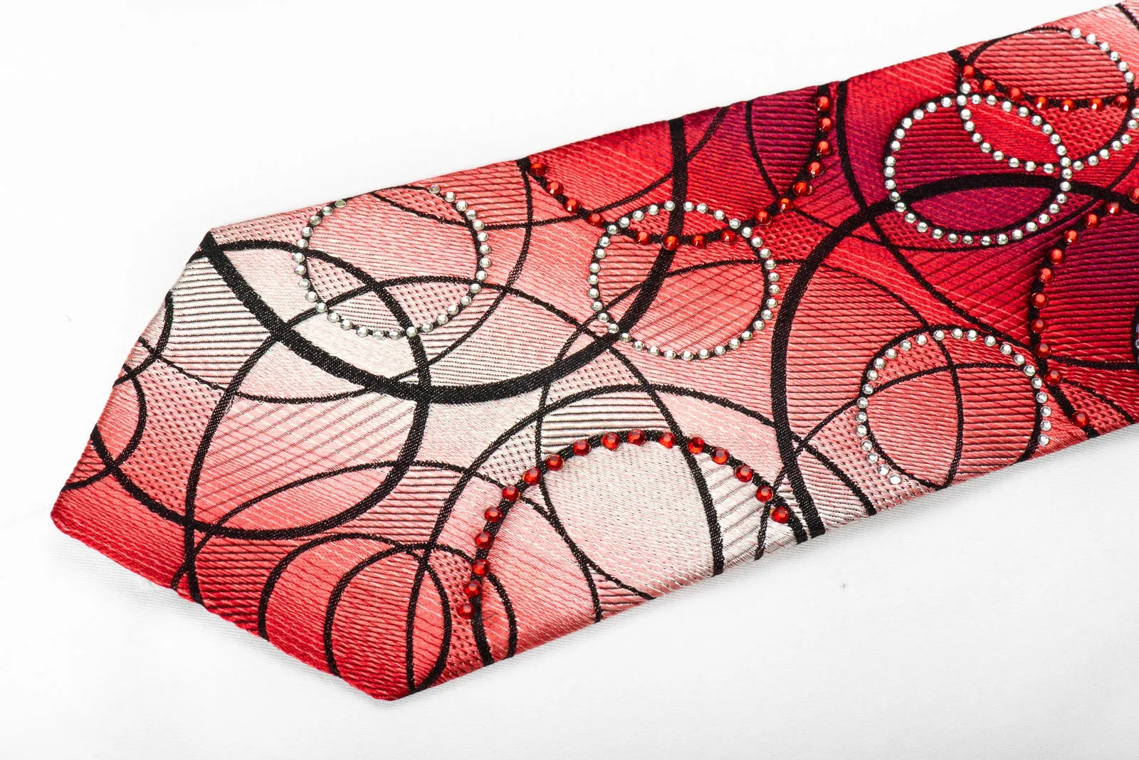 Valentino Rich Men's Crystal Rhinestone Necktie Black Geometric Circles On Red