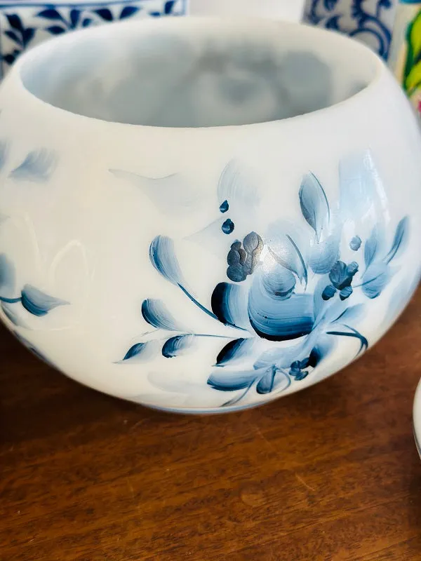 Vintage Milkglass Lidded Jar, Hand painted, Floral design, Chinoiserie, Blue and White