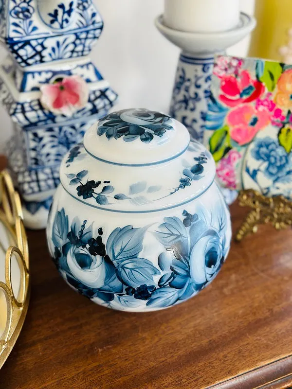 Vintage Milkglass Lidded Jar, Hand painted, Floral design, Chinoiserie, Blue and White