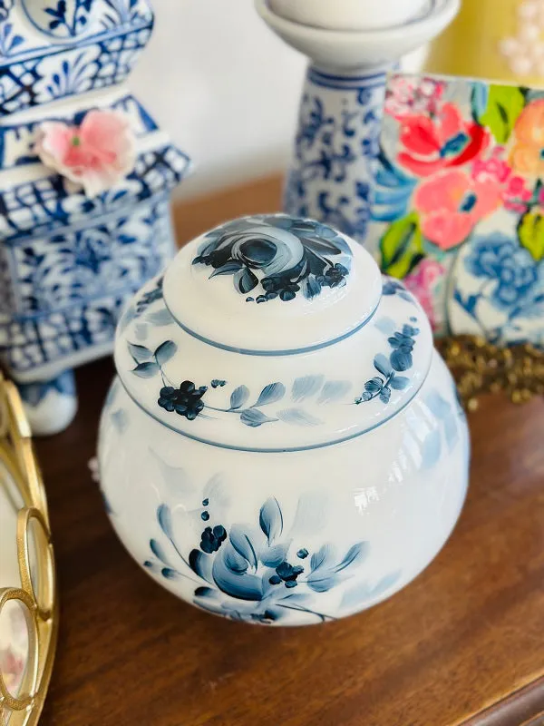 Vintage Milkglass Lidded Jar, Hand painted, Floral design, Chinoiserie, Blue and White