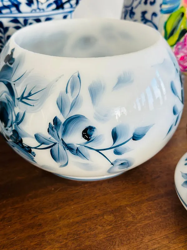 Vintage Milkglass Lidded Jar, Hand painted, Floral design, Chinoiserie, Blue and White
