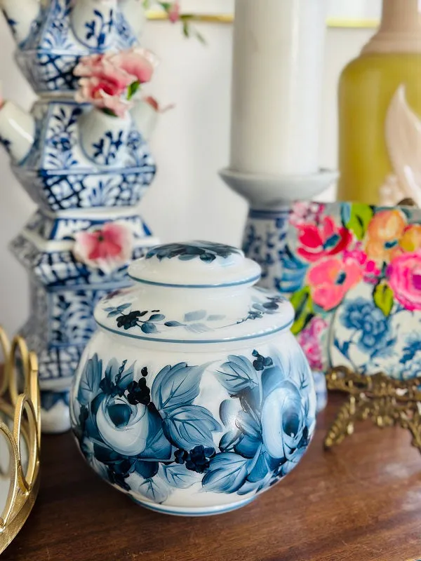 Vintage Milkglass Lidded Jar, Hand painted, Floral design, Chinoiserie, Blue and White