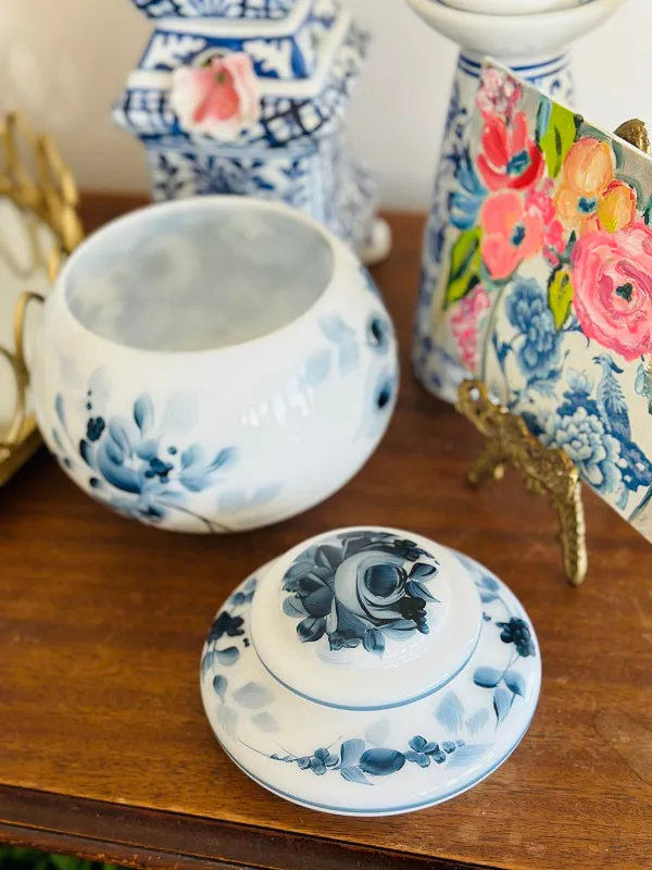 Vintage Milkglass Lidded Jar, Hand painted, Floral design, Chinoiserie, Blue and White