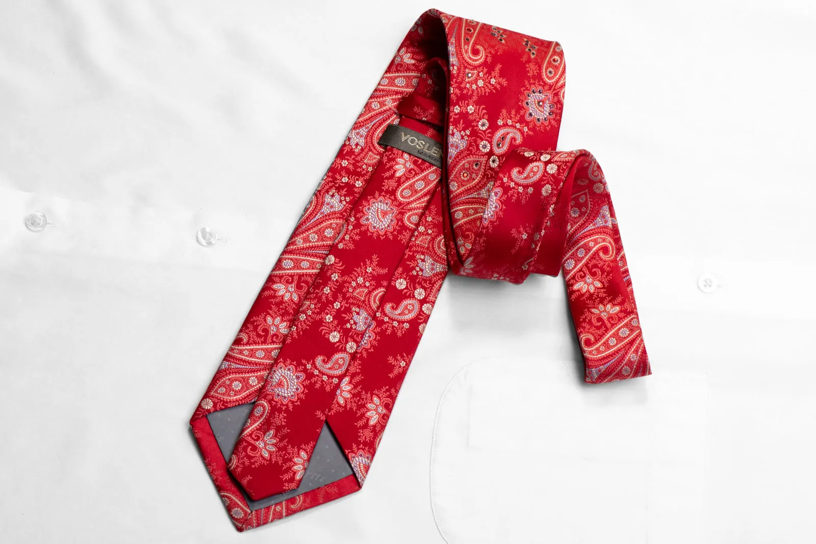 Voslenza Rhinestone Silk Tie Silver Paisley On Red With Silver Sparkles