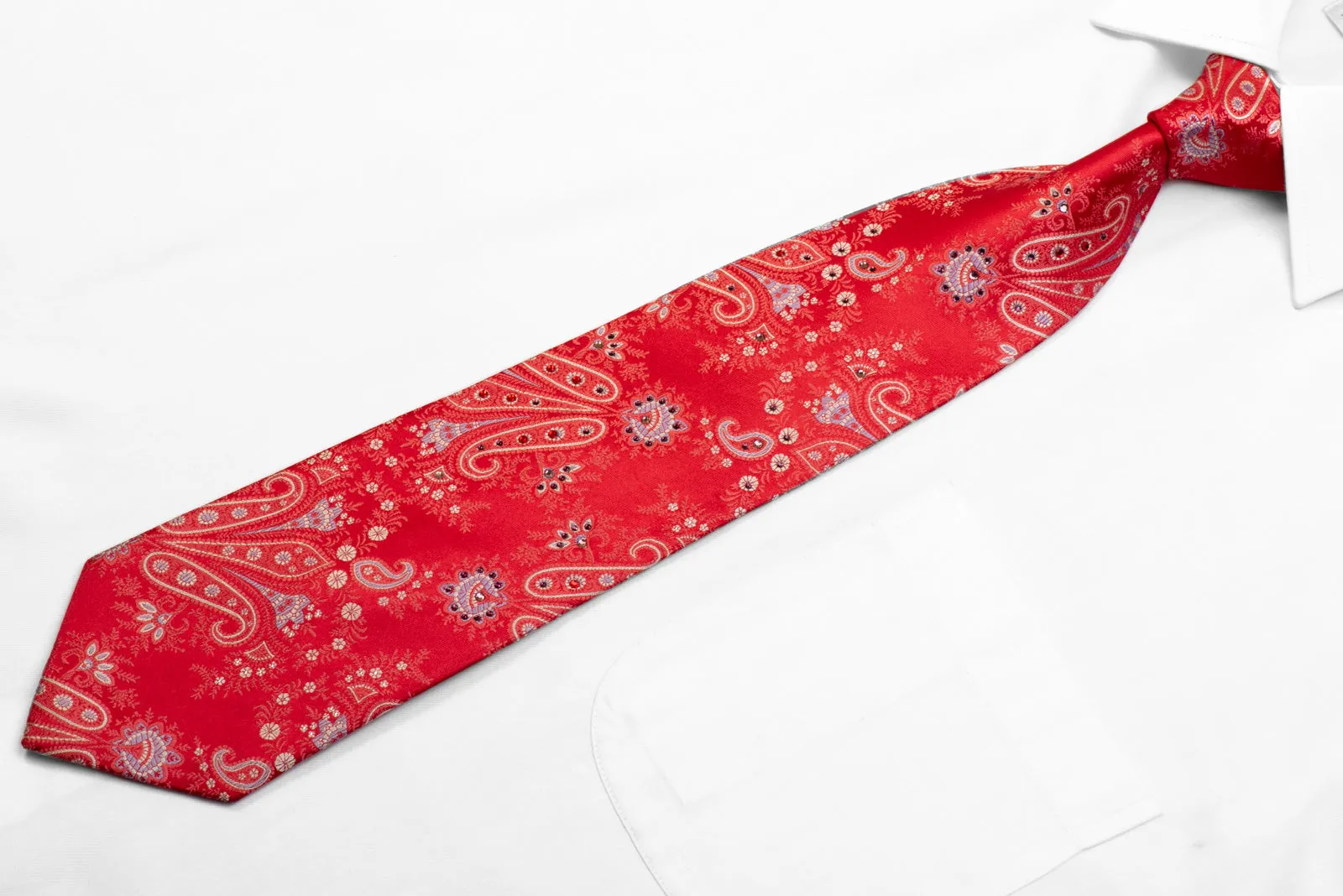 Voslenza Rhinestone Silk Tie Silver Paisley On Red With Silver Sparkles