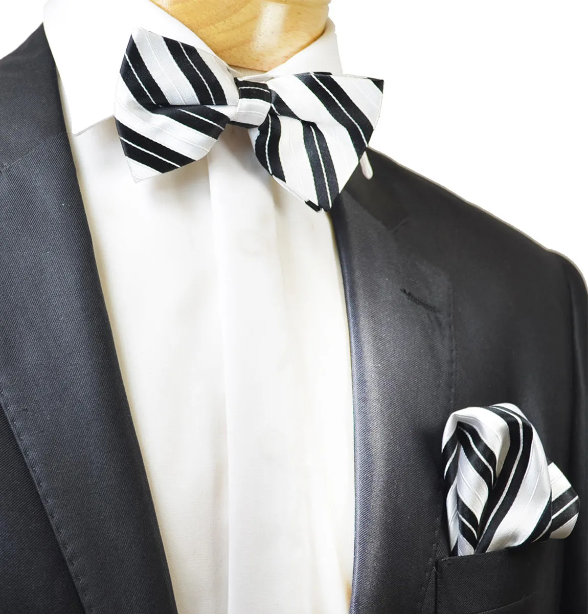 White and Black Striped Silk Bow Tie