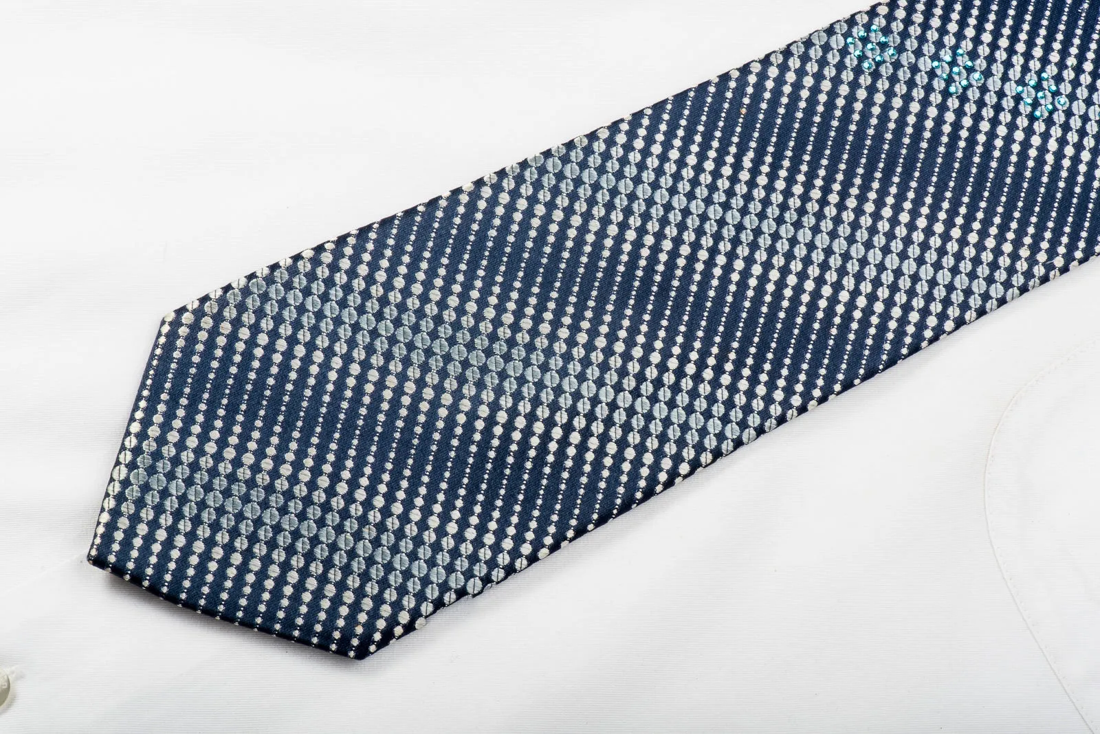 Win All Mens Rhinestone Silk Necktie Silver Dots on Navy With Silver Sparkles