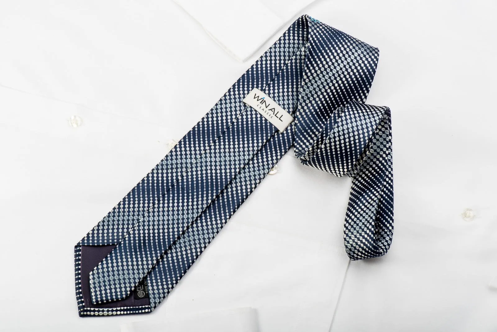 Win All Mens Rhinestone Silk Necktie Silver Dots on Navy With Silver Sparkles