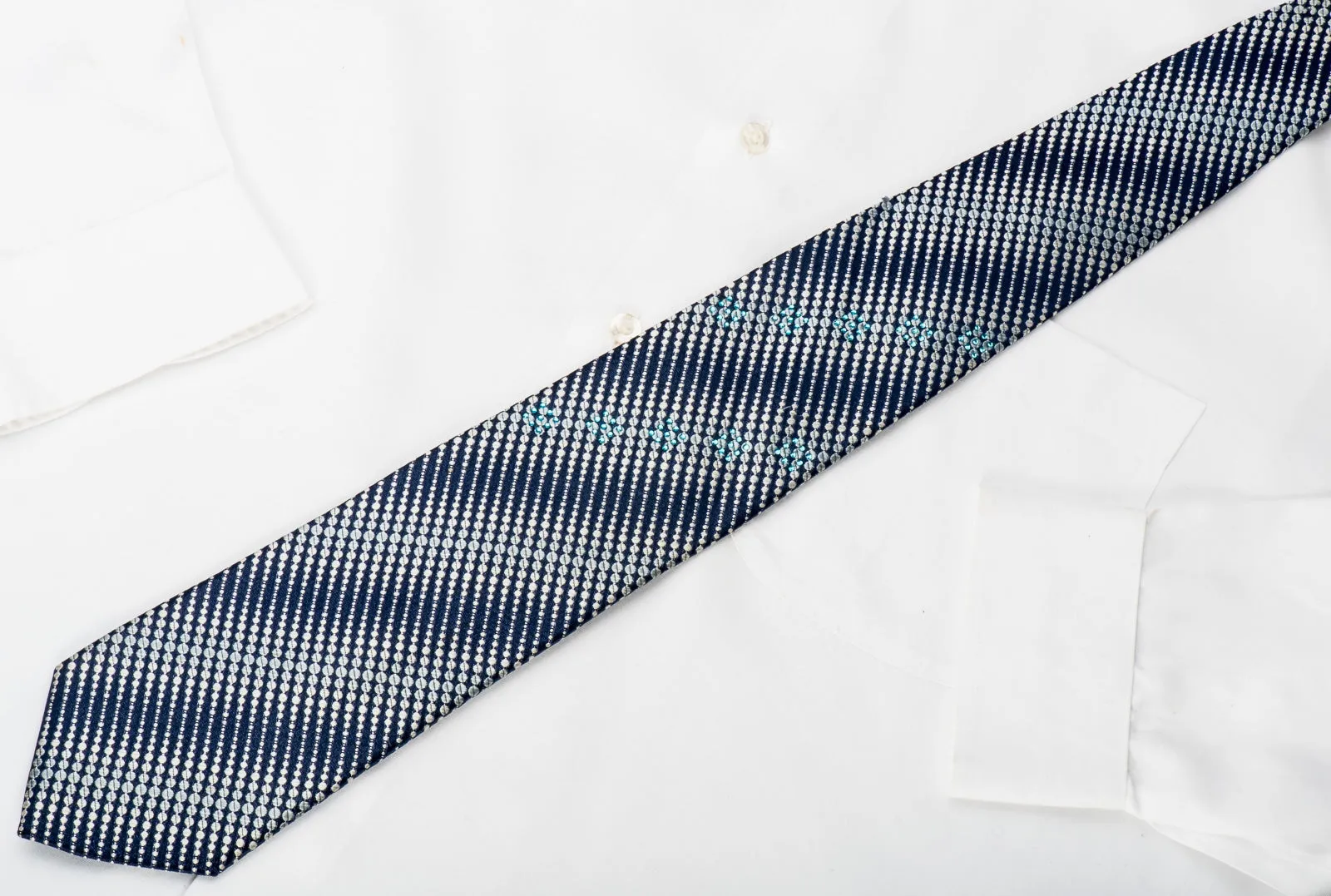 Win All Mens Rhinestone Silk Necktie Silver Dots on Navy With Silver Sparkles
